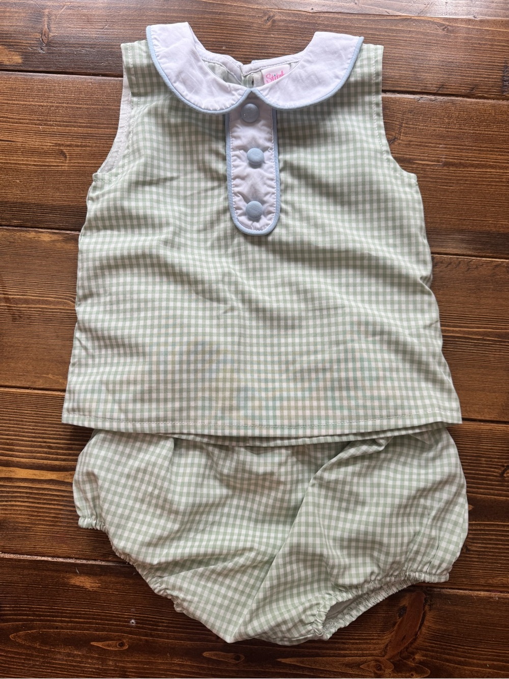 Stitchy Fish 18m Gingham Light Green Baby Dress Set with White Peter Pan Collar